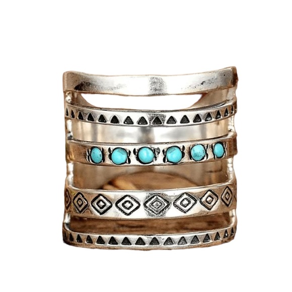 Boho Silver Plated with Turquoise Designed Ring - Picture 1 of 8